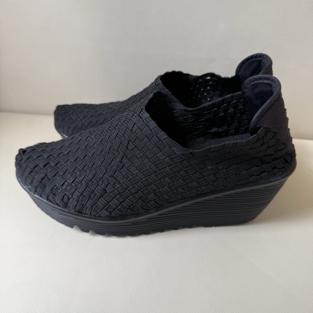 Bernie Mev Women's Black Woven Slip-On Comfort Wedge Shoes Size 38 (US 7.5-8)